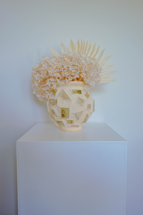 Preserved Hydrangeas - Soft Yellow Plaster Vessel - Handmade Floral Tiles