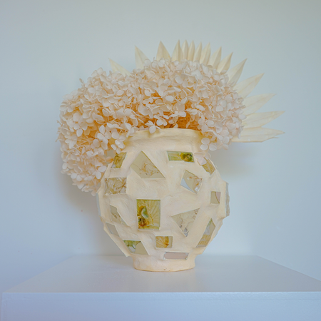 Preserved Orchids and Hydrangeas - Soft Yellow Plaster Vessel